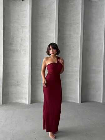 Bordo Tek Omuz Detaylı Krinkil Kumaş Astarlı Kadın Elbise