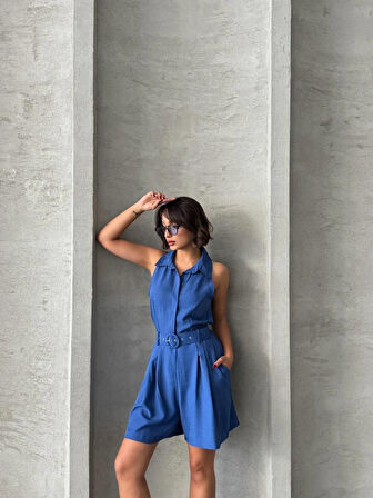 Lacivert Kemer Detaylı Kadın Şort Tulum