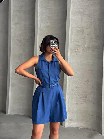 Lacivert Kemer Detaylı Kadın Şort Tulum