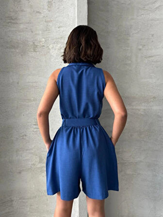 Lacivert Kemer Detaylı Kadın Şort Tulum