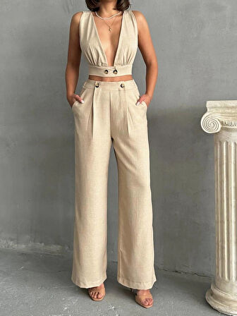 Bej Keten Kumaş Kadın Crop Pantolon Takım