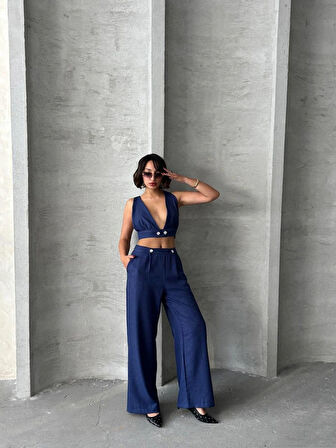 Lacivert Keten Kumaş Kadın Crop Pantolon Takım