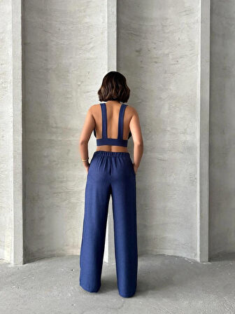 Lacivert Keten Kumaş Kadın Crop Pantolon Takım