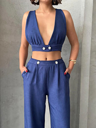 Lacivert Keten Kumaş Kadın Crop Pantolon Takım