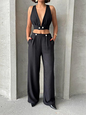 Siyah Keten Kumaş Kadın Crop Pantolon Takım
