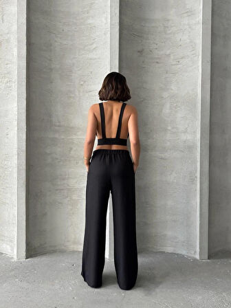 Siyah Keten Kumaş Kadın Crop Pantolon Takım