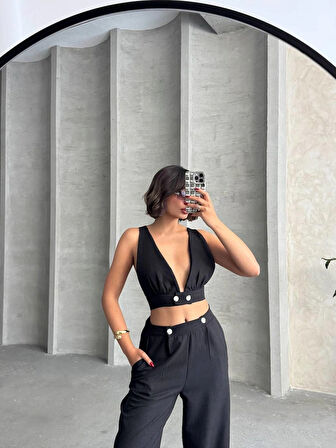 Siyah Keten Kumaş Kadın Crop Pantolon Takım