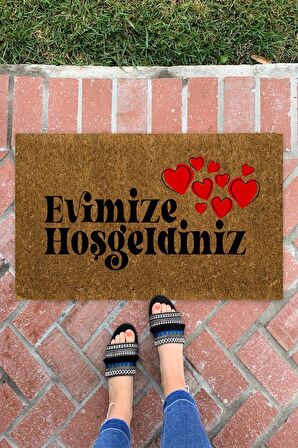 Evimize Hoşgeldiniz Kalp İç ve Dış Mekan Dekoratif Çok Amaçlı Kapı Önü Paspası