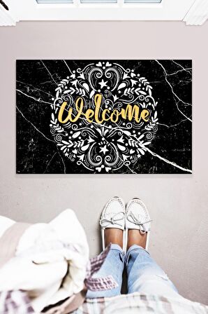 Siyah Granit Welcome Çok Amaçlı Dekoratif İç ve Dış Mekan Kapı Önü Paspası 45x70