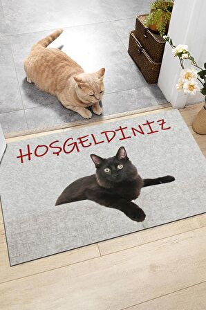 Siyah Kedi Hoşgeldiniz Kapı Önü Paspası Dekoratif Kapı Paspası Dış Mekan Paspas Ev Içi Paspası 45x70cm