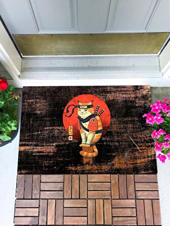 Ninja Kedi Kapı Önü Paspası Dekoratif Kapı Paspası Dış Mekan Paspas Ev Içi Paspası 45x70cm