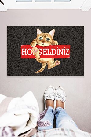 Hoşgeldiniz Kedi Dekoratif Çok Amaçlı İç veDış Mekan Kapı Önü Paspası 45x70