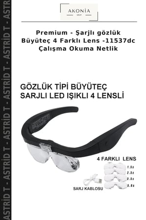 Premium - Şarjlı gözlük Büyüteç 4 Farklı Lens -11537dc Çalışma Okuma Netlik