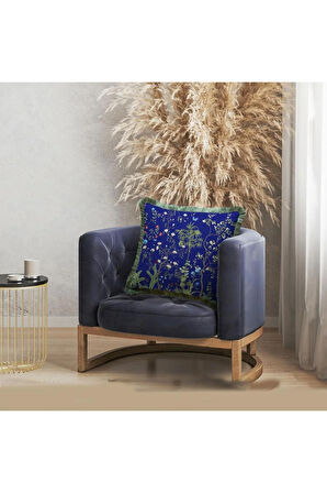 Lacivert Çiçek Detaylı Yastık/Kırlent (Dolgu Boncuk Elyaf, Ulusl. Yıkama Ve Solmama Sertifikası)