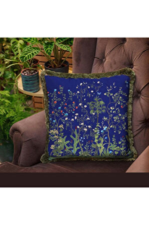 Lacivert Çiçek Detaylı Yastık/Kırlent (Dolgu Boncuk Elyaf, Ulusl. Yıkama Ve Solmama Sertifikası)