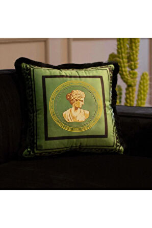 Yeşil Büst Detaylı Kadife Yastık/Kırlent (Dolgu Boncuk Elyaf, Ulusl. Yıkama Ve Solmama Sertifikası)