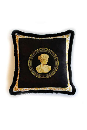 Siyah Büst Detaylı Kadife Yastık/Kırlent (Dolgu Boncuk Elyaf, Ulusl. Yıkama Ve Solmama Sertifikası)