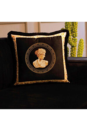 Siyah Büst Detaylı Kadife Yastık/Kırlent (Dolgu Boncuk Elyaf, Ulusl. Yıkama Ve Solmama Sertifikası)
