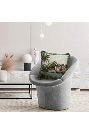 Manzara Tasarımlı Kadife Yastık (dolgu Boncuk Elyaf Uluslararası Yıkama Ve Solmama Sertifikası)