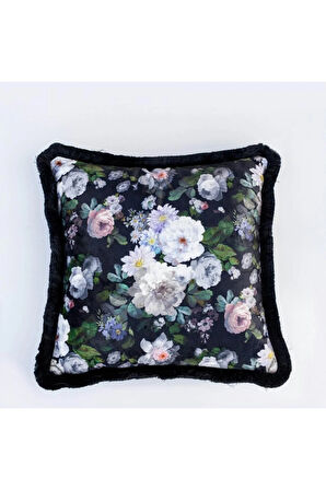 Siyah Çiçek Kadife Yastık (dolgu Boncuk Elyaf Uluslararası Yıkama Ve Solmama Sertifikası)
