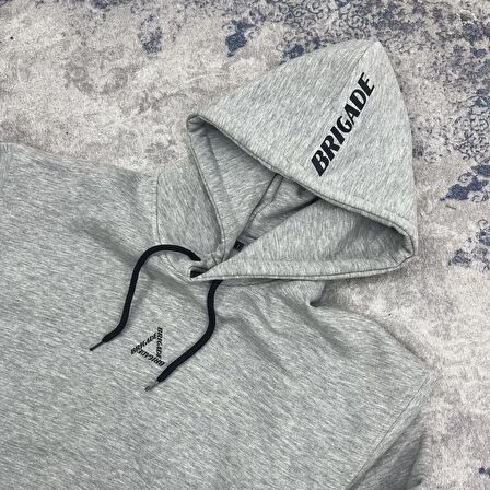 Brigade Baskılı Kapüşonlu Oversize Sweatshirt-Gri Melanj