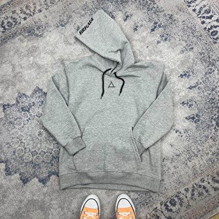 Brigade Baskılı Kapüşonlu Oversize Sweatshirt-Gri Melanj