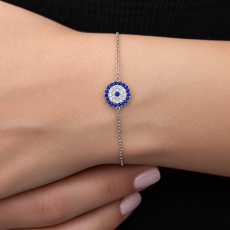 Minimal Nazar Gümüş Kadın Bileklik – Mavi Beyaz Taşlı, 18 cm