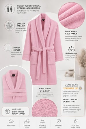%100 Pamuk Pudra Pembe Kadın Bornoz | Banyo, Spa, Havuz, Çeyiz