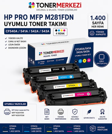 HP CF540A 203A Muadil Toner Seti 4 Renk HP Color LaserJet Pro M281fdn Uyumlu