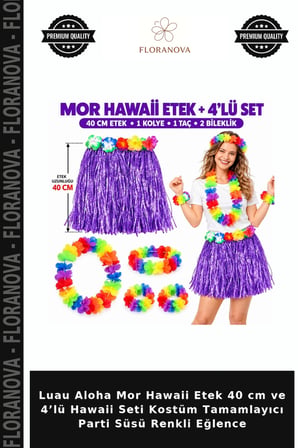 Luau Aloha Mor Hawaii Etek 40 cm ve 4’lü Hawaii Seti Kostüm Tamamlayıcı Parti Süsü Renkli Eğlence