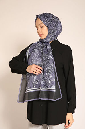 Mor Lacivert Desenli Soft Şal | Modern Paisley Motifli İpek Görünümlü