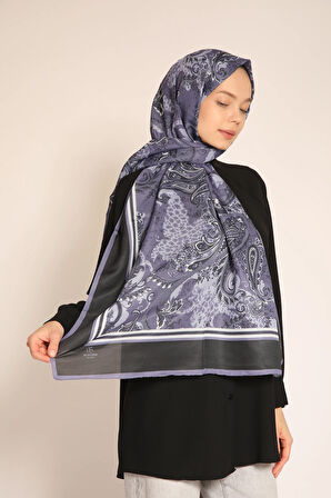 Mor Lacivert Desenli Soft Şal | Modern Paisley Motifli İpek Görünümlü