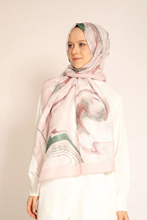 Yeni Sezon Kadın Şal | Soft Pembe Mermer Desen, Yeşil Detaylı