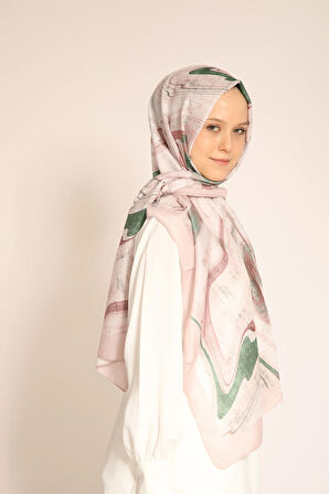 Yeni Sezon Kadın Şal | Soft Pembe Mermer Desen, Yeşil Detaylı