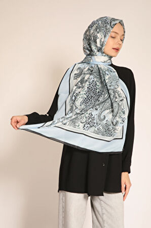 Açık Mavi Leopar ve Paisley Desenli Soft Şal | İpek Görünümlü Modern Tasarım