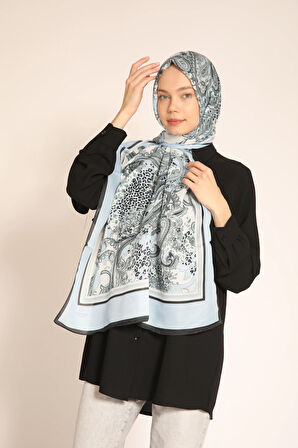 Açık Mavi Leopar ve Paisley Desenli Soft Şal | İpek Görünümlü Modern Tasarım