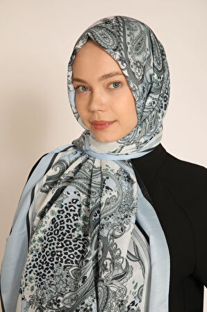 Açık Mavi Leopar ve Paisley Desenli Soft Şal | İpek Görünümlü Modern Tasarım