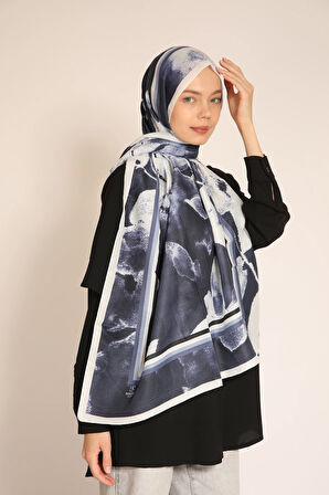 Soyut Sanat Etkili Soft Şal | Lacivert Çiçek ve Yaprak Desenli Kadın Şal