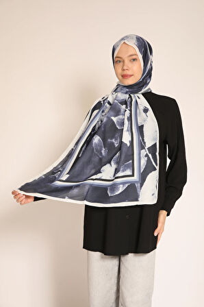 Soyut Sanat Etkili Soft Şal | Lacivert Çiçek ve Yaprak Desenli Kadın Şal