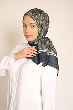 Kadın Lacivert-Haki Desenli Soft Şal | Şık ve Modern Paisley & Leopar Detaylı Tasarım