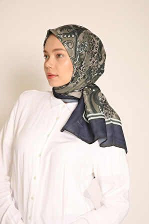 Kadın Lacivert-Haki Desenli Soft Şal | Şık ve Modern Paisley & Leopar Detaylı Tasarım