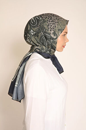 Kadın Lacivert-Haki Desenli Soft Şal | Şık ve Modern Paisley & Leopar Detaylı Tasarım