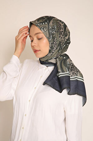 Kadın Lacivert-Haki Desenli Soft Şal | Şık ve Modern Paisley & Leopar Detaylı Tasarım