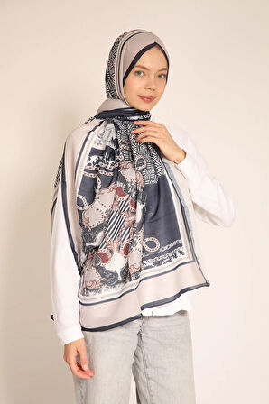 Lacivert-Bej Barok ve Zincir Desenli Şal – Zarif ve Modern Kombinler İçin