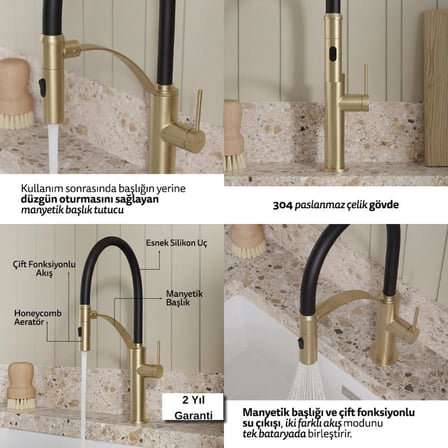 Deante CORDA R72M Mutfak Bataryası, Hareketli Başlık, Flex Model, Altın Renk