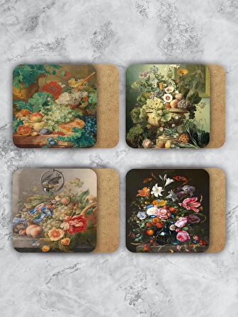 Gül Çiçek Vazo Temalı Ahşap Bardak Altlığı Ahşap Baskılı Altlık 4'lü Set (9 X9CM) BRD0004A