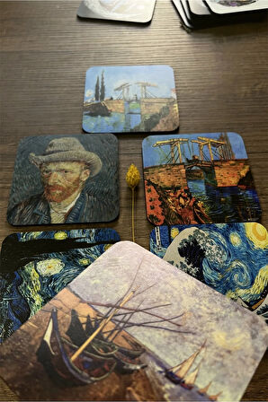 Van Gogh Temalı Ahşap Bardak Altlığı Ahşap Baskılı Altlık 6'lı Set (9 X9CM)