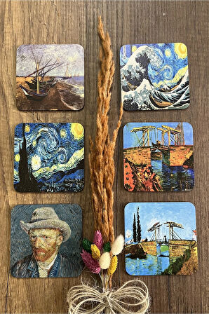 Van Gogh Temalı Ahşap Bardak Altlığı Ahşap Baskılı Altlık 6'lı Set (9 X9CM)