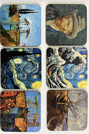 Van Gogh Temalı Ahşap Bardak Altlığı Ahşap Baskılı Altlık 6'lı Set (9 X9CM)