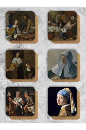 Johannes Vermeer Sanatı Temalı Ahşap Bardak Altlığı Ahşap Baskılı Altlık 6'lı Set (9 X9CM)